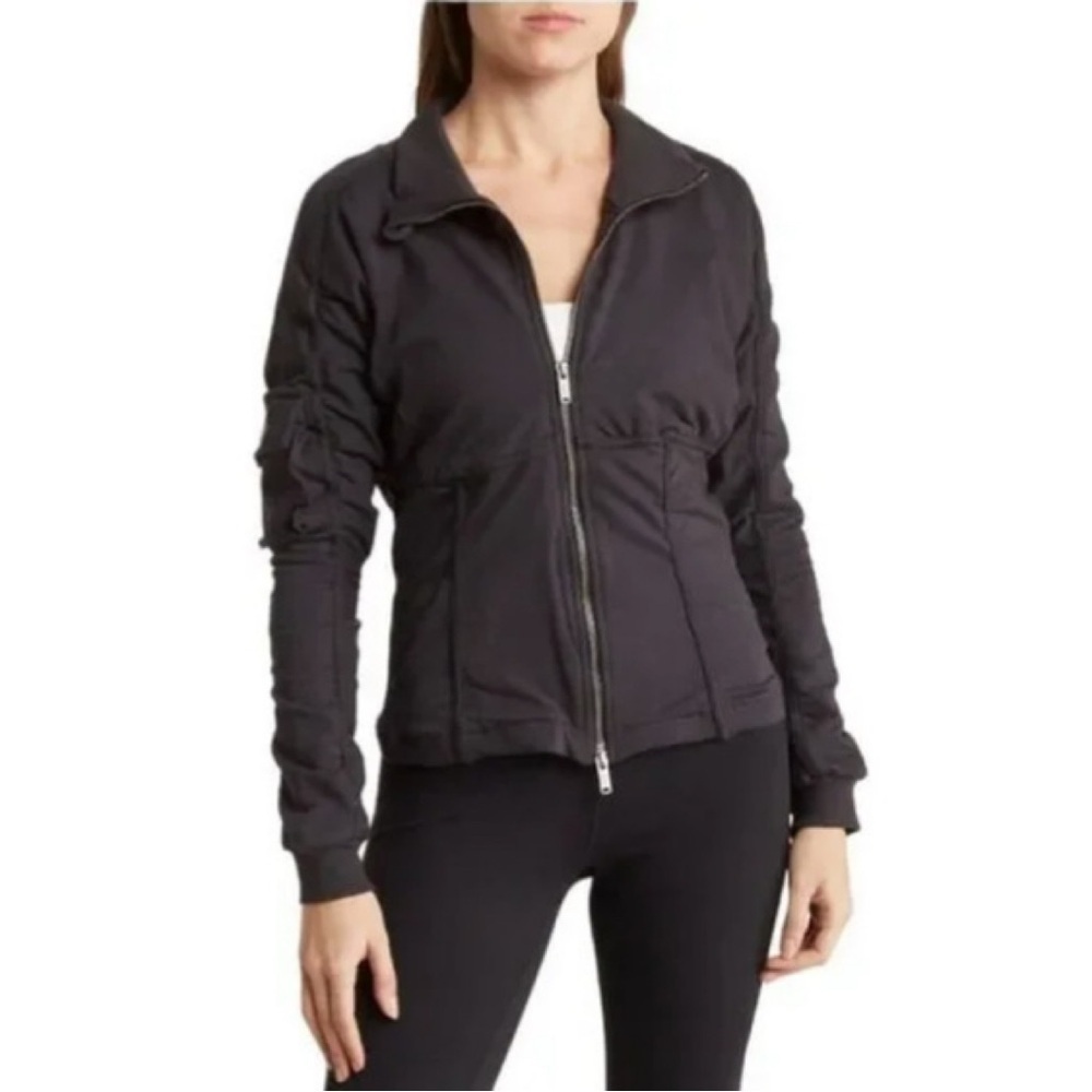 NEW Free People Movement Foundation Ruched Seam Jacket in Black Bomber Jacket